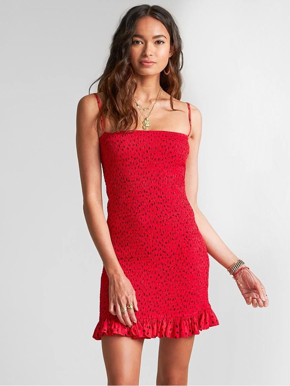 Billabong Sincerely Jules Red Smocked Ruffle-Hem Mini